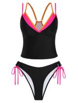 Conjunto de biquíni feminino ZAFUL, tanquíni de camada dupla, decote em V, bloco colorido Conjunto de biquíni feminino ZAFUL, tanquíni de camada dupla, decote em V, bloco colorido