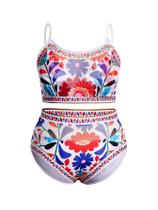 Conjunto de biquíni Floerns feminino plus size, arrastão, cintura alta, azul/vermelho