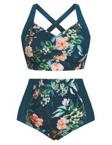 Conjunto de biquíni Hanna Nikole, cintura alta, franzido, verde escuro e rosa