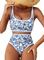 Conjunto de biquíni Herseas com estampa floral, cintura alta, acolchoado, azul, feminino