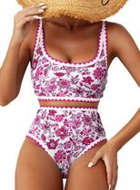 Conjunto de biquíni Herseas Floral Color Block de cintura alta rosa para mulheres Conjunto de biquíni Herseas Floral Color Block de cintura alta rosa para mulheres