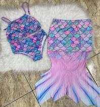 Conjunto de biquini infantil cauda de sereia mini diva blogueirinha com proteção UV