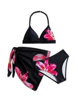Conjunto de biquíni infantil Verdusa de 3 peças floral preto 8 anos
