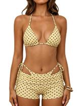 Conjunto de biquíni MakeMeChic feminino de bolinhas, triângulo, amarelo, Y2K Conjunto de biquíni MakeMeChic feminino de bolinhas, triângulo, amarelo, Y2K