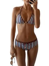 Conjunto de biquíni MakeMechic feminino Halter Triangle azul listrado Conjunto de biquíni MakeMechic feminino Halter Triangle azul listrado