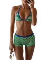 Conjunto de biquíni MakeMeChic feminino Halter Triangle Green com shorts Conjunto de biquíni MakeMeChic feminino Halter Triangle Green com shorts