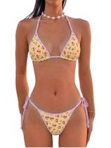 Conjunto de biquíni MakeMechic, tanga triangular floral feminina, amarela S Conjunto de biquíni MakeMechic, tanga triangular floral feminina, amarela S