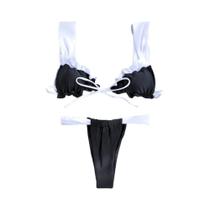 Conjunto De Biquíni Preto De Cintura Baixa Com Efeito Push Up, Moda Praia Feminina Em Duas Peças