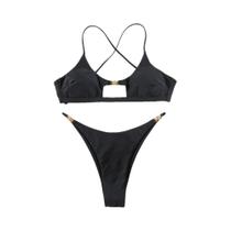 Conjunto De Biquíni Preto De Cintura Baixa Com Efeito Push Up, Moda Praia Feminina Em Duas Peças