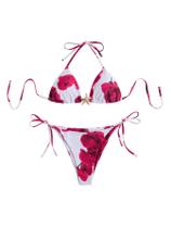 Conjunto de biquíni RoseSeek feminino de leopardo floral branco/vermelho XS Conjunto de biquíni RoseSeek feminino de leopardo floral branco/vermelho XS