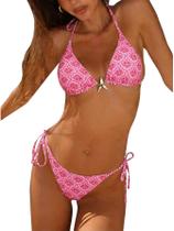 Conjunto de biquíni RoseSeek feminino de leopardo floral rosa quente Conjunto de biquíni RoseSeek feminino de leopardo floral rosa quente