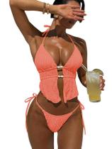 Conjunto de biquíni RoseSeek, maiô feminino, frente única, frisado, texturizado