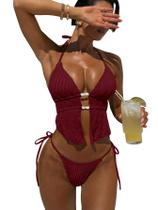 Conjunto de biquíni RoseSeek, maiô feminino, frente única, frisado, texturizado