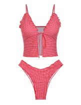 Conjunto de biquíni Seamoly Tie Front Ruffle Swimsuit Red Gingham para mulheres