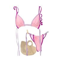 Conjunto De Biquíni Sexy Em Patchwork Para Mulheres, Maiô Com Bandagem, Micro Tanga, Roupa De Praia
