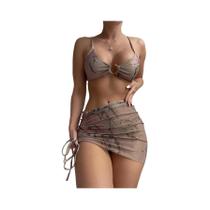 Conjunto De Biquíni Sexy Push up Feminino Três Peças Moda Praia Maiô Verão Tanga Com Saia