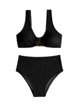 Conjunto de biquíni SOLY HUX feminino com anel amarrado, cintura alta, preto