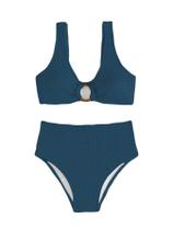 Conjunto de biquíni SOLY HUX feminino com anel, cintura alta, azul azul-petróleo