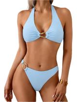 Conjunto de biquíni SOLY HUX feminino com decote em V ligado em azul