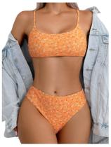 Conjunto de biquíni SOLY HUX feminino com estampa floral de cintura alta laranja