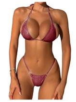 Conjunto de biquíni SOLY HUX Metallic Halter Triangle Thong Red