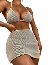 Conjunto de biquíni SweatyRocks Zebra listrado com saia de praia Conjunto de biquíni SweatyRocks Zebra listrado com saia de praia