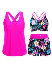 Conjunto de Biquíni Tankini Holipick 3 Peças com Estampa de Flores Rosa e Controle de Barriga Conjunto de Biquíni Tankini Holipick 3 Peças com Estampa de Flores Rosa e Controle de Barriga