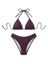 Conjunto de biquíni Verdusa Polka Dots Halter, sem encosto, corte alto, marrom/rosa