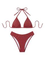 Conjunto de biquíni Verdusa Polka Dots Halter sem encosto vermelho de corte alto Conjunto de biquíni Verdusa Polka Dots Halter sem encosto vermelho de corte alto