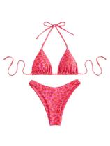 Conjunto de biquíni WDIRARA com listras florais Halter String Thong rosa XS