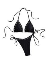 Conjunto de biquíni WDIRARA Grommet Eyelet Halter Triangle Black para mulheres Conjunto de biquíni WDIRARA Grommet Eyelet Halter Triangle Black para mulheres