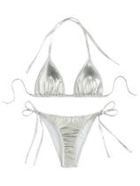 Conjunto de biquíni WDIRARA Metallic Halter String para mulheres Silver XL