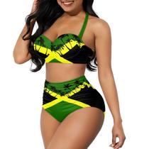 Conjunto de biquíni Yewattles Jamaica Flag Palm, maiô de cintura alta Conjunto de biquíni Yewattles Jamaica Flag Palm, maiô de cintura alta