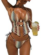 Conjunto de biquíni ZAFUL Boho Halter texturizado com tiras e encosto para mulheres Conjunto de biquíni ZAFUL Boho Halter texturizado com tiras e encosto para mulheres