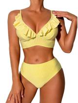Conjunto de biquíni ZAFUL Ruffle, cintura alta, listrado, decote em V para mulheres Conjunto de biquíni ZAFUL Ruffle, cintura alta, listrado, decote em V para mulheres