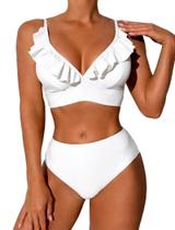 Conjunto de biquíni ZAFUL Ruffle, cintura alta, listrado, decote em V