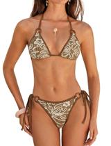 Conjunto de biquíni ZAFUL Triangle para mulheres, roupa de banho texturizada S Brown