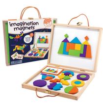 Conjunto de blocos com padrões de madeira MindWare Imagination Magnets Jogo criativo com formas magnéticas em uma maleta de transporte 42 blocos magnéticos de madeira sólida, 50 quebra-cabeças laminados coloridos