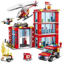 Conjunto de Blocos de Construção - Quartel de Bombeiros com Caminhão e Helicóptero