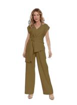 Conjunto de blusa com amarração lateral gola em V e calça pantalona em tecido marrant hzcon004