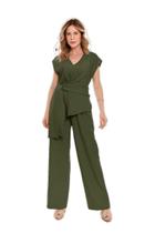 Conjunto de blusa com amarração lateral gola em V e calça pantalona em tecido marrant hzcon004