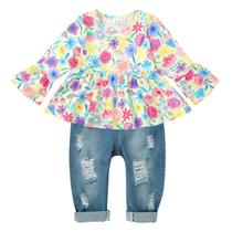 Conjunto de blusa floral com babados e jeans rasgados para meninas - CARETOO Conjunto de blusa floral com babados e jeans rasgados para meninas - CARETOO