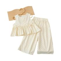 Conjunto De Blusa Sem Mangas Com Bolinhas E Calças Largas Para Bebês Meninas Com Laço E Botão, 2