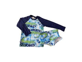 Conjunto de blusa UV e Sunga infantil nacional masculina azul marinho e estampado TAM 2 anos
