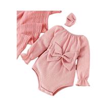 Conjunto De Body Rosa De Manga Longa Para Bebê Com Laço E Lenço Para Primavera E Outono