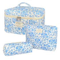 Conjunto de bolsa de maquiagem WYJ Blue Quilted Floral, 3 tamanhos para mulheres Conjunto de bolsa de maquiagem WYJ Blue Quilted Floral, 3 tamanhos para mulheres
