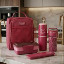 Conjunto de Bolsa Térmica c/ 2 Compartimentos, Pote Marmita e Garrafa, Porta Talher e Porta Escova