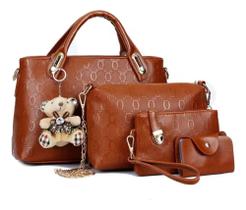 Conjunto de Bolsas com Alça Ajustável 4Peças+Ursinho, Cor Marrom Amarelado Conjunto de Bolsas com Alça Ajustável 4Peças+Ursinho, Cor Marrom Amarelado