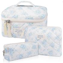 Conjunto de bolsas de maquiagem Gosect acolchoado grande floral azul rosa algodão Conjunto de bolsas de maquiagem Gosect acolchoado grande floral azul rosa algodão
