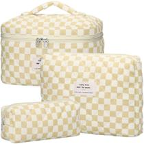 Conjunto de bolsas de maquiagem TESAFNG, algodão floral acolchoado, 3 peças, marrom